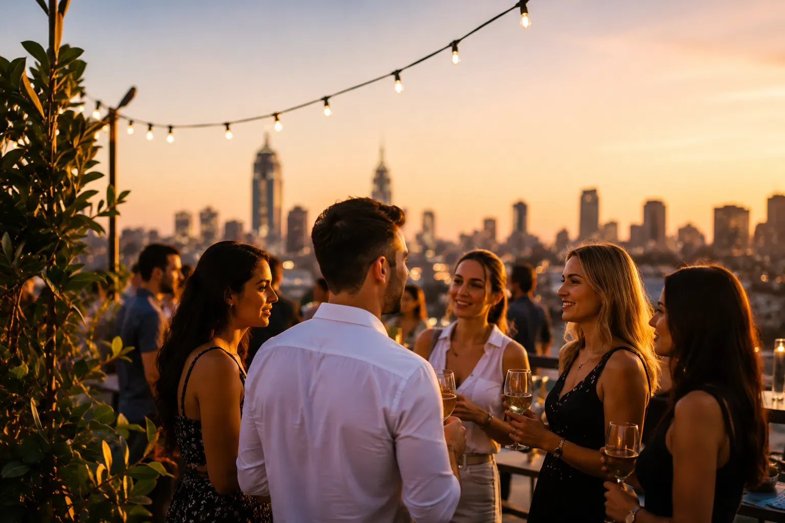 DEIGHT guests sharing drinks on a rooftop at golden hour